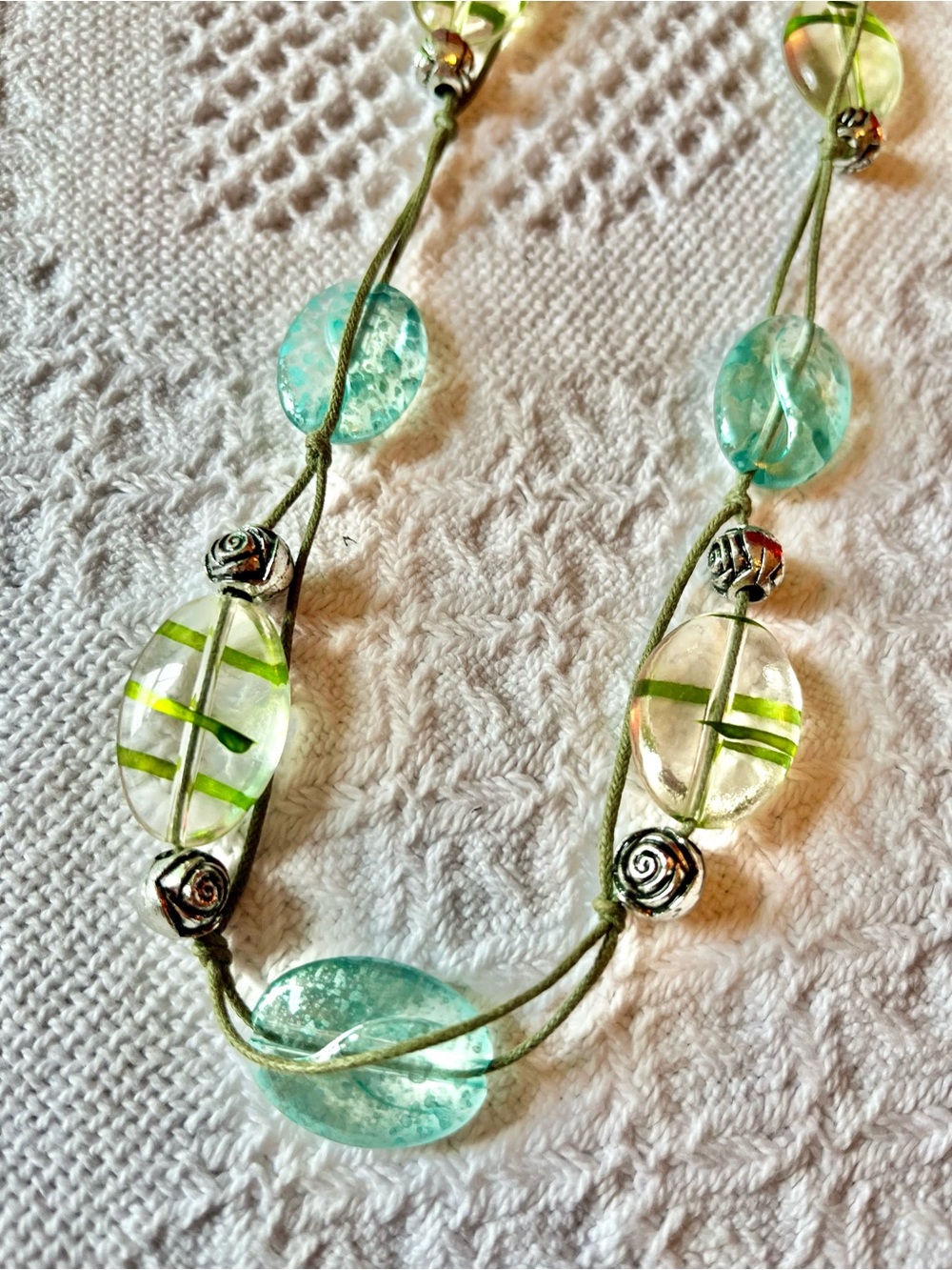 LBVYR Aqua & Lime Glass Bead Necklace with Silver Rose Accents